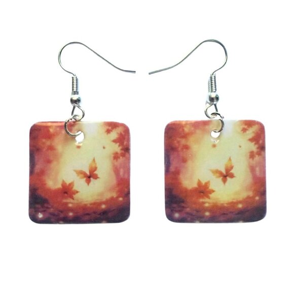 Square Resin Dangle Earrings, Autumn Leaves Design, Multicolor, Hypoallergenic - Picture 1 of 3